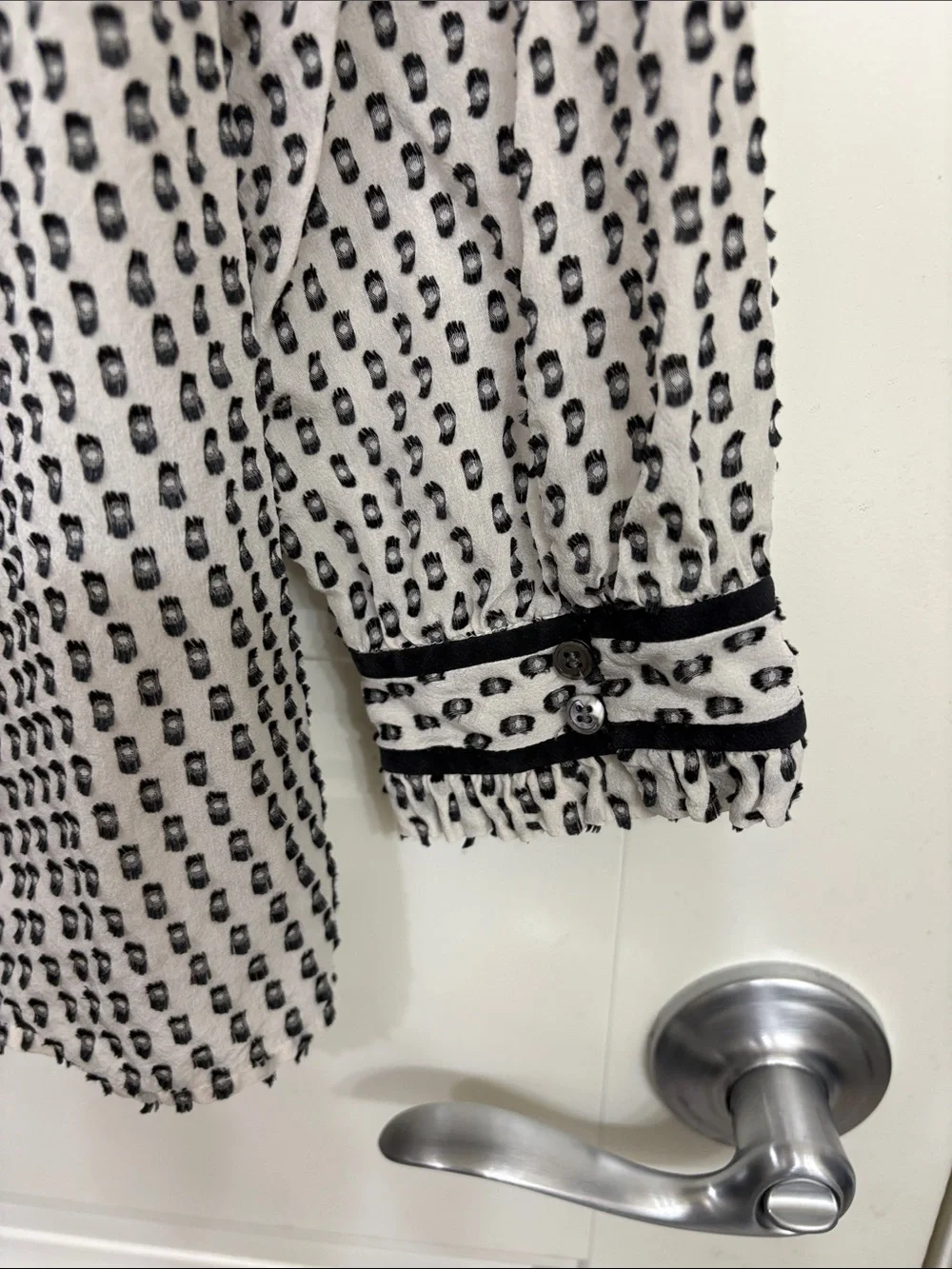 J. Crew Black & Off-White Patterned V-Neck Silk blend Blouse